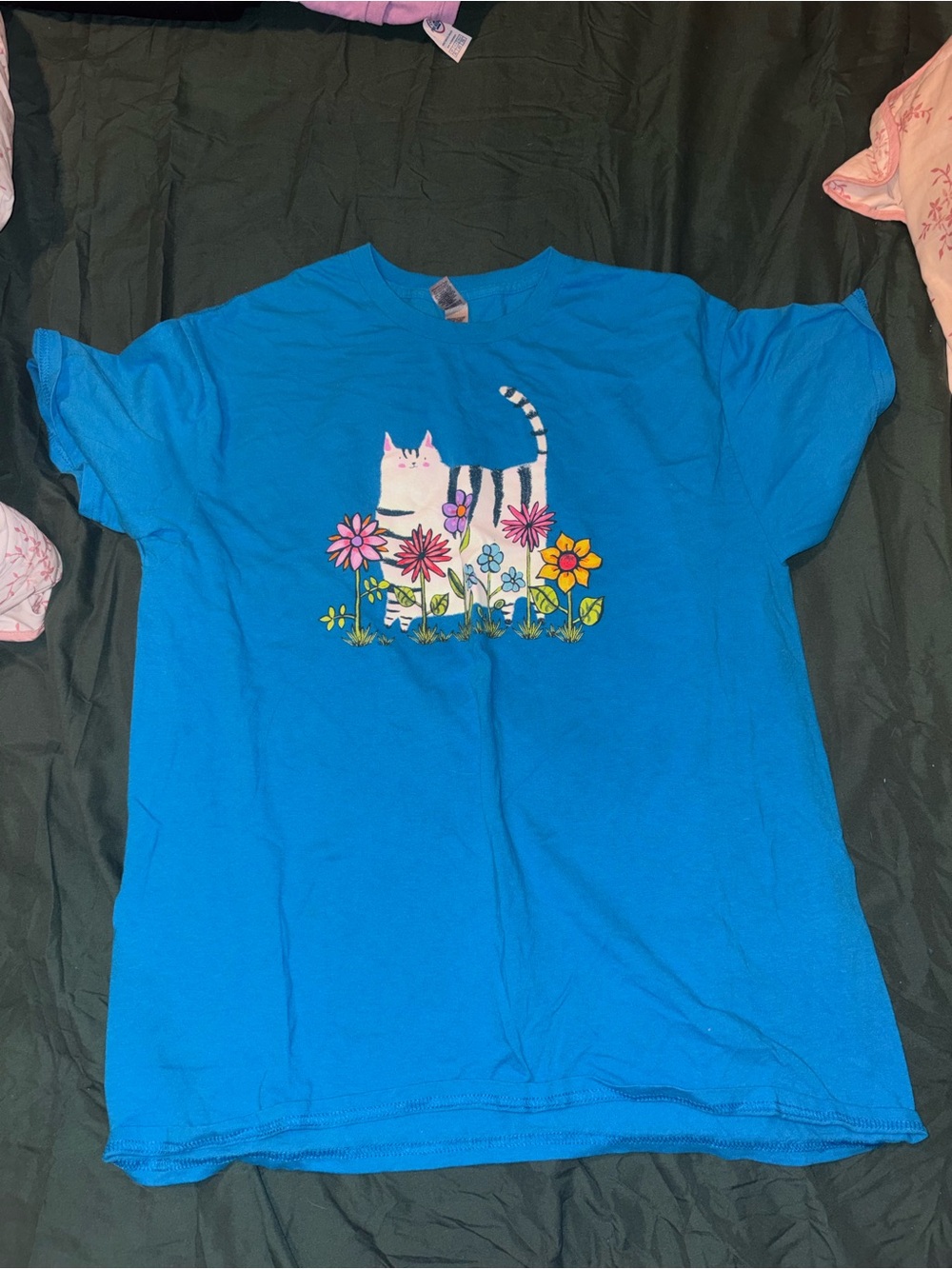 Gildan Bright Blue Cat & Floral Graphic Tee